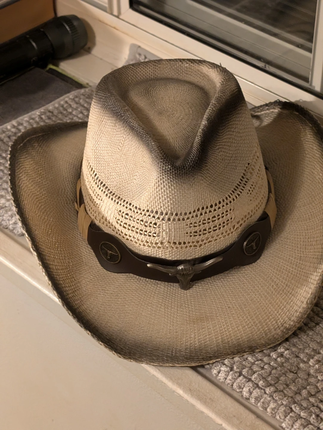 Straw Cowboy Hat with Bull Skull Detail