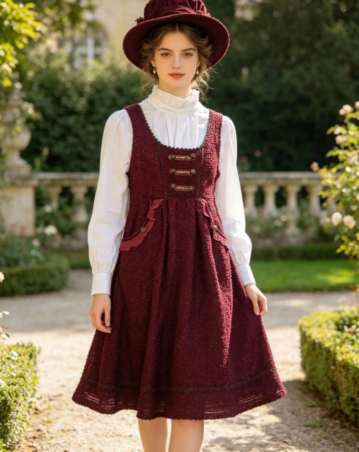 Women's Red Tweed Pinafore Dress with White Blouse - photo 2