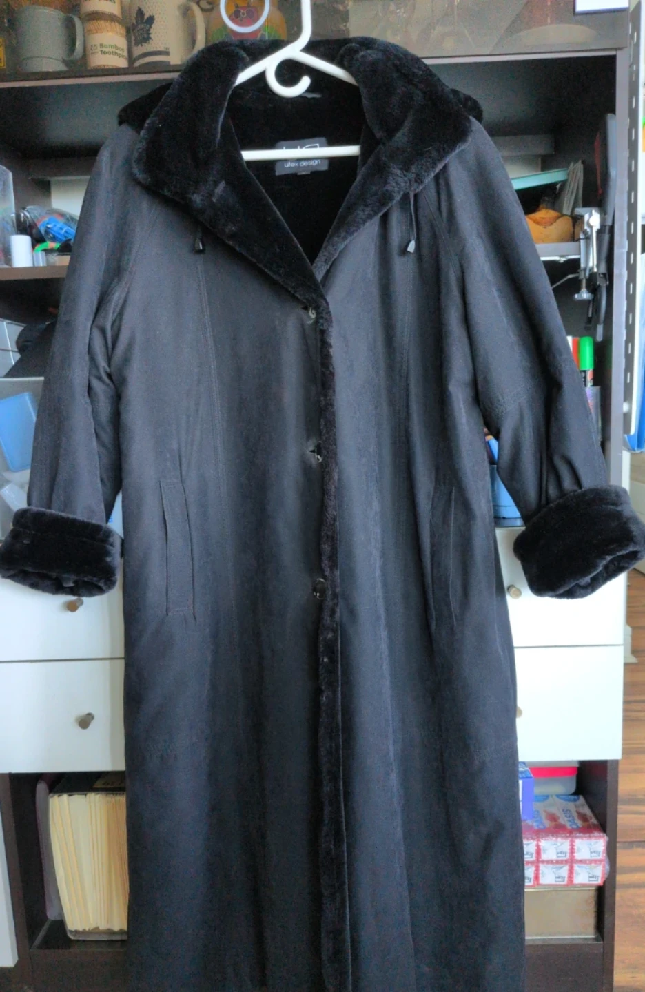 Utex Design Black Faux Fur Lined Long Coat