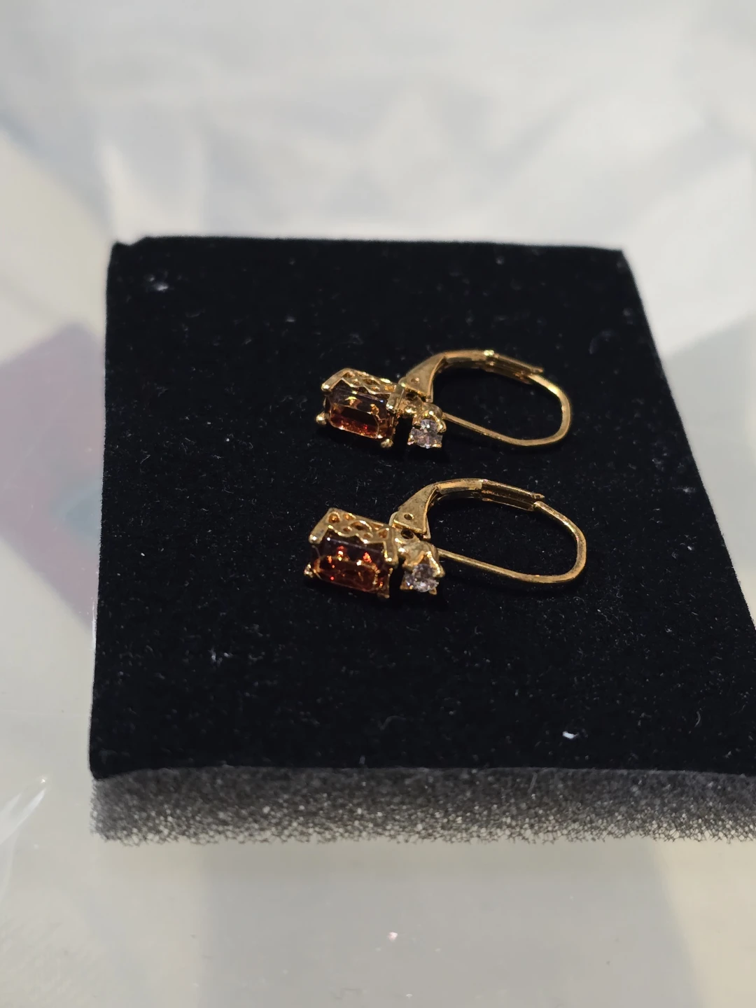 Gold Tone Leverback Earrings with Amber and Clear Stones