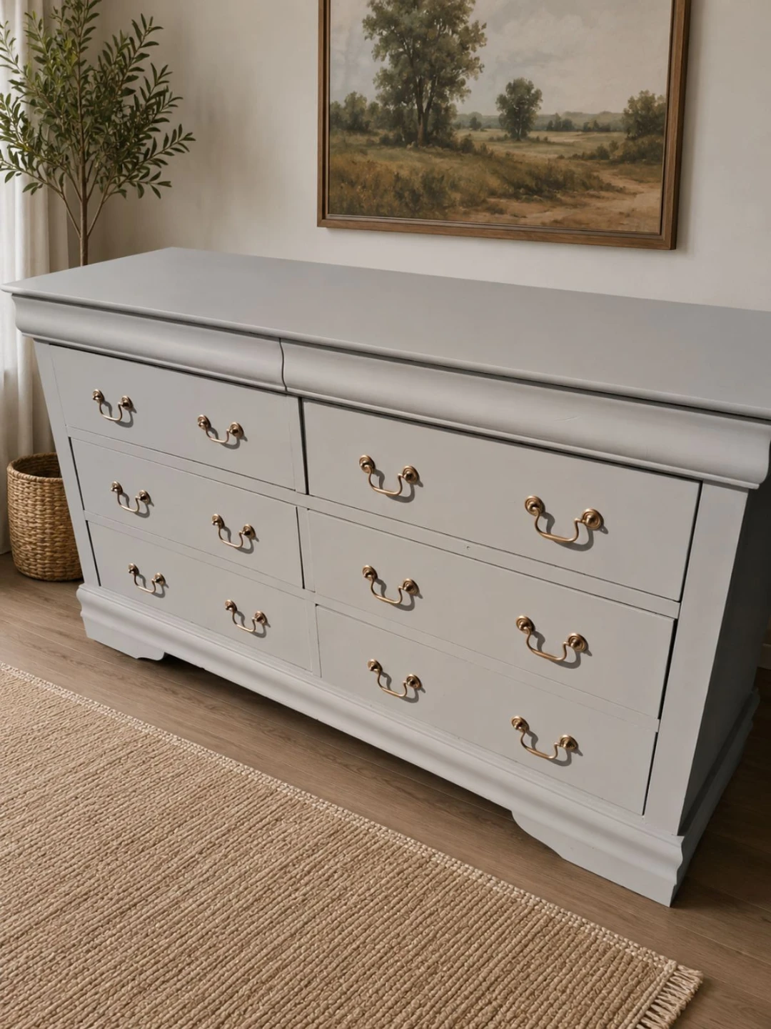 Grey 7-Drawer Dresser with Brass Hardware