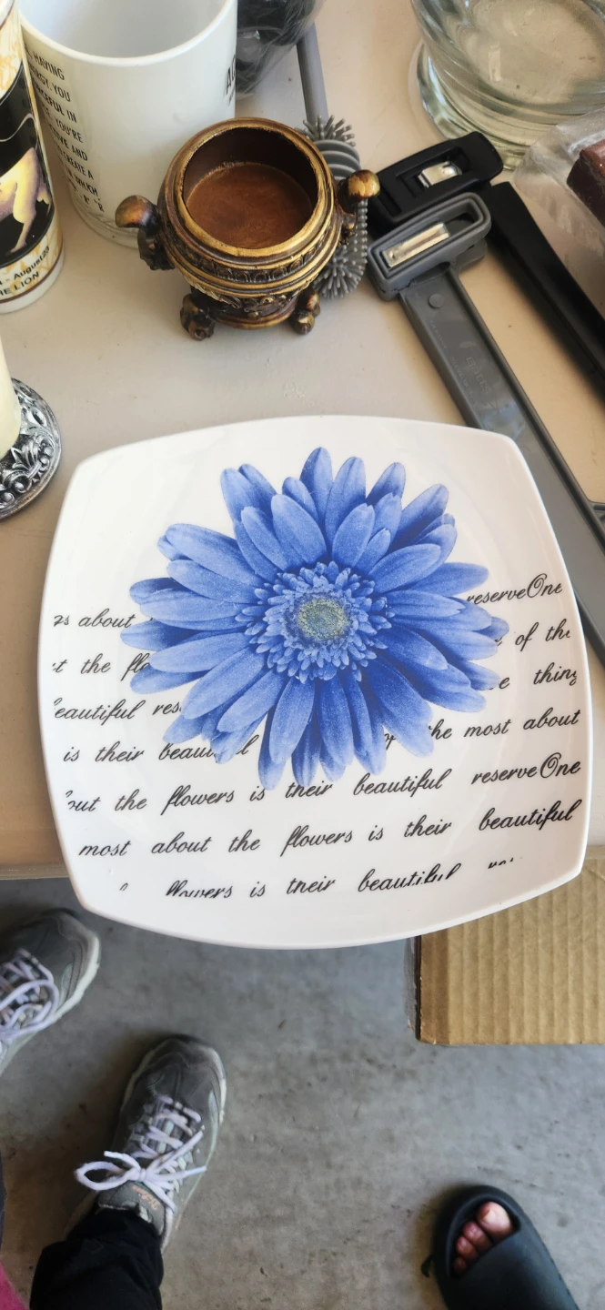 Decorative Plate with Blue Flower and Script