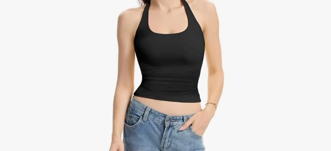 New Black Ruched Halter Tank Top -Small