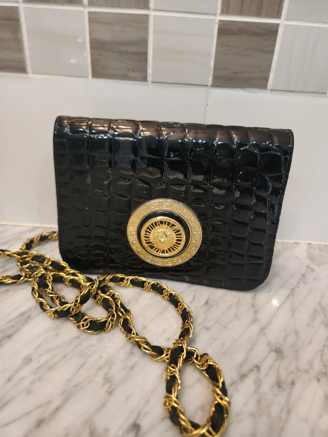 Black Faux Croc Shoulder Bag with Gold Chain - photo 2
