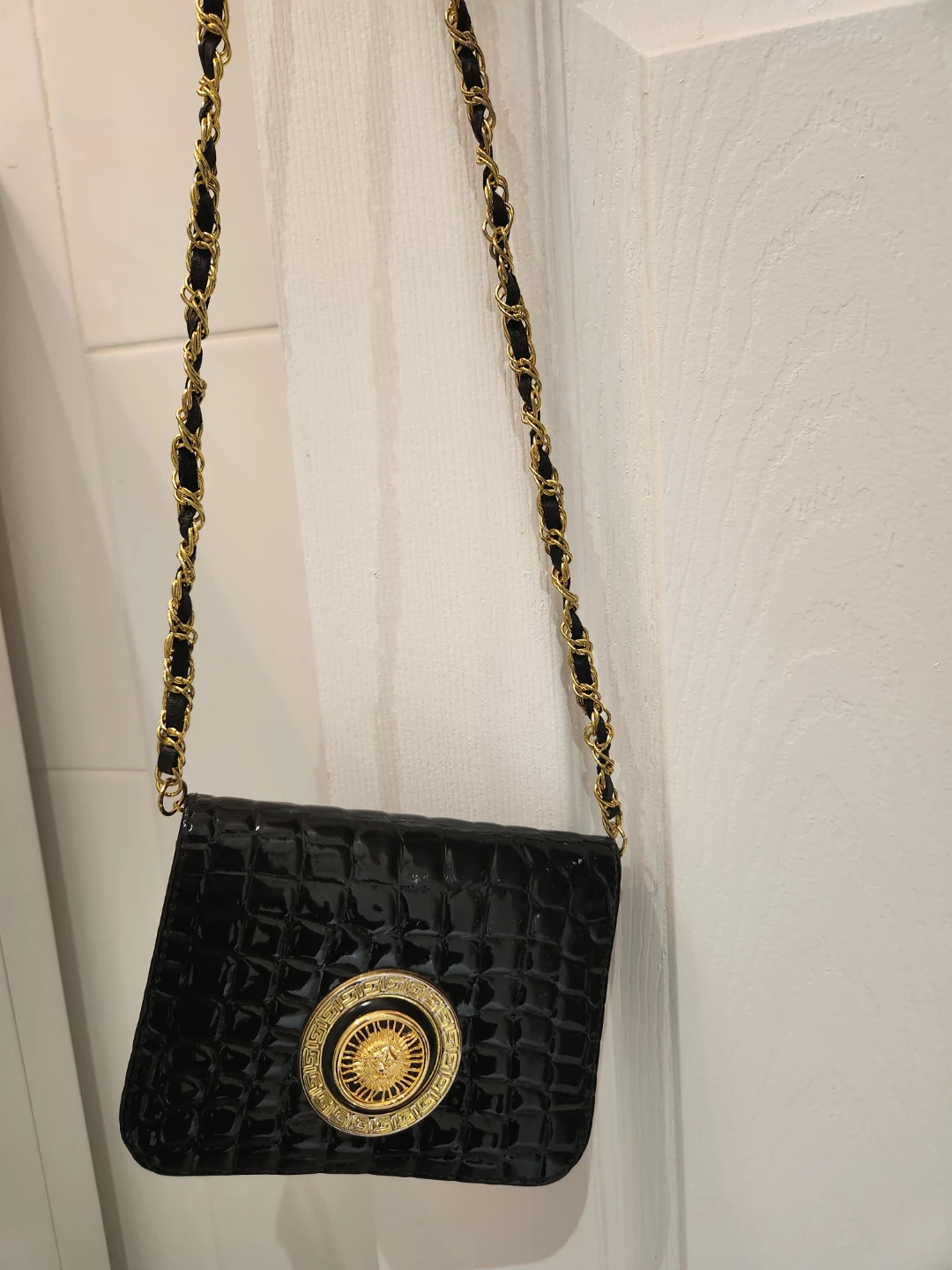 Black Faux Croc Shoulder Bag with Gold Chain - photo 4