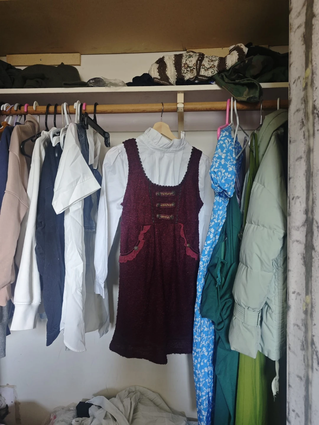 Women's Red Tweed Pinafore Dress with White Blouse