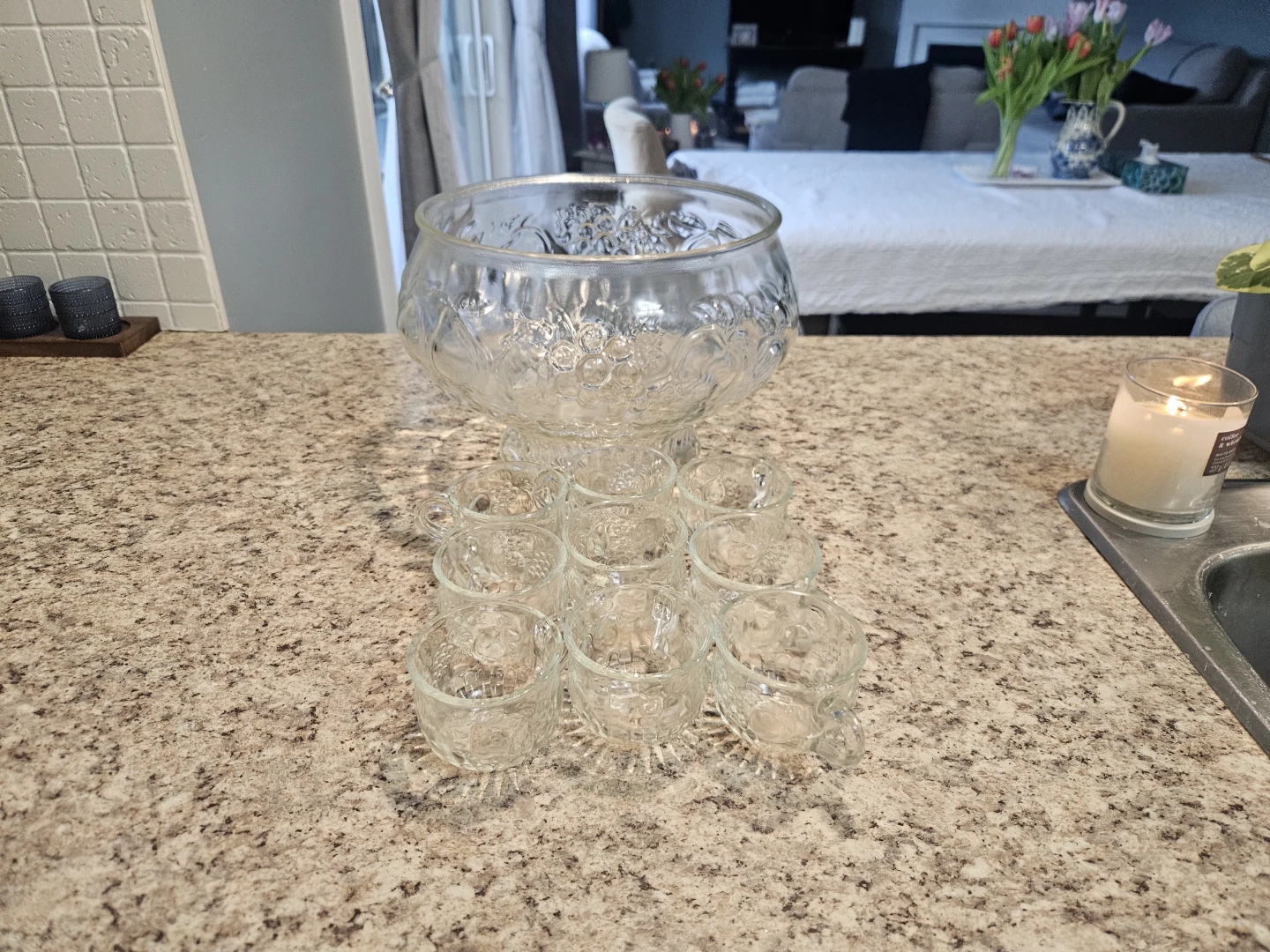 Vintage Glass Punch Bowl with 9 Cups - photo 3