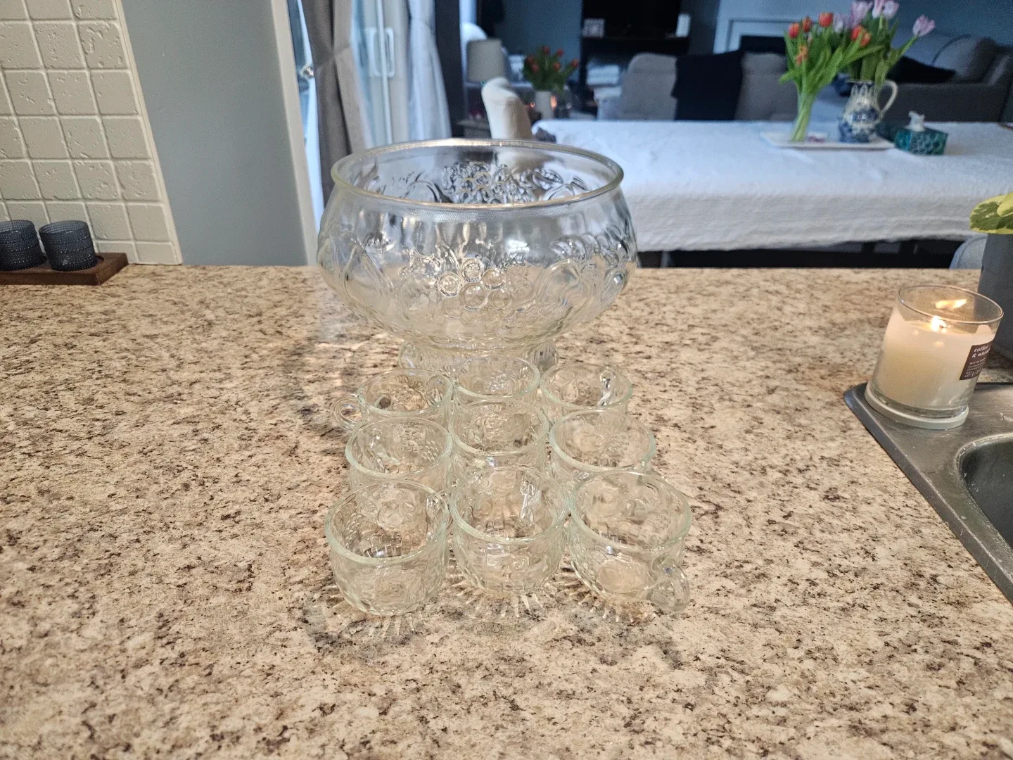 Vintage Glass Punch Bowl with 9 Cups - photo 3