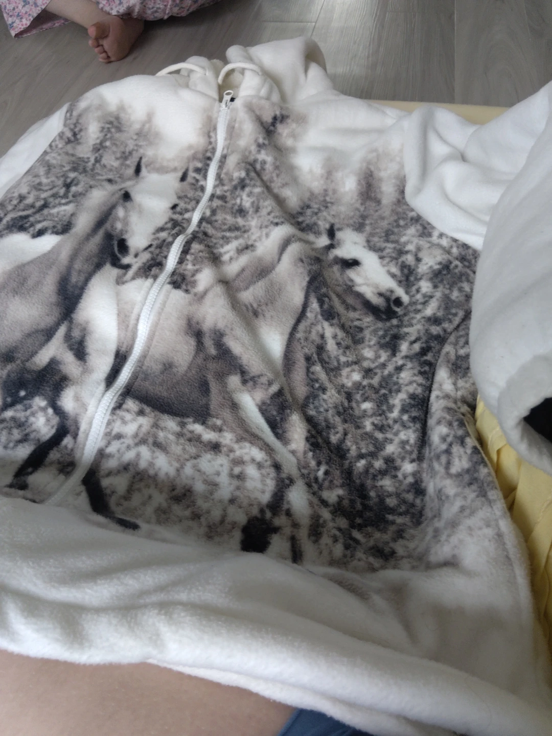 White Fleece Hoodie with Horse Print