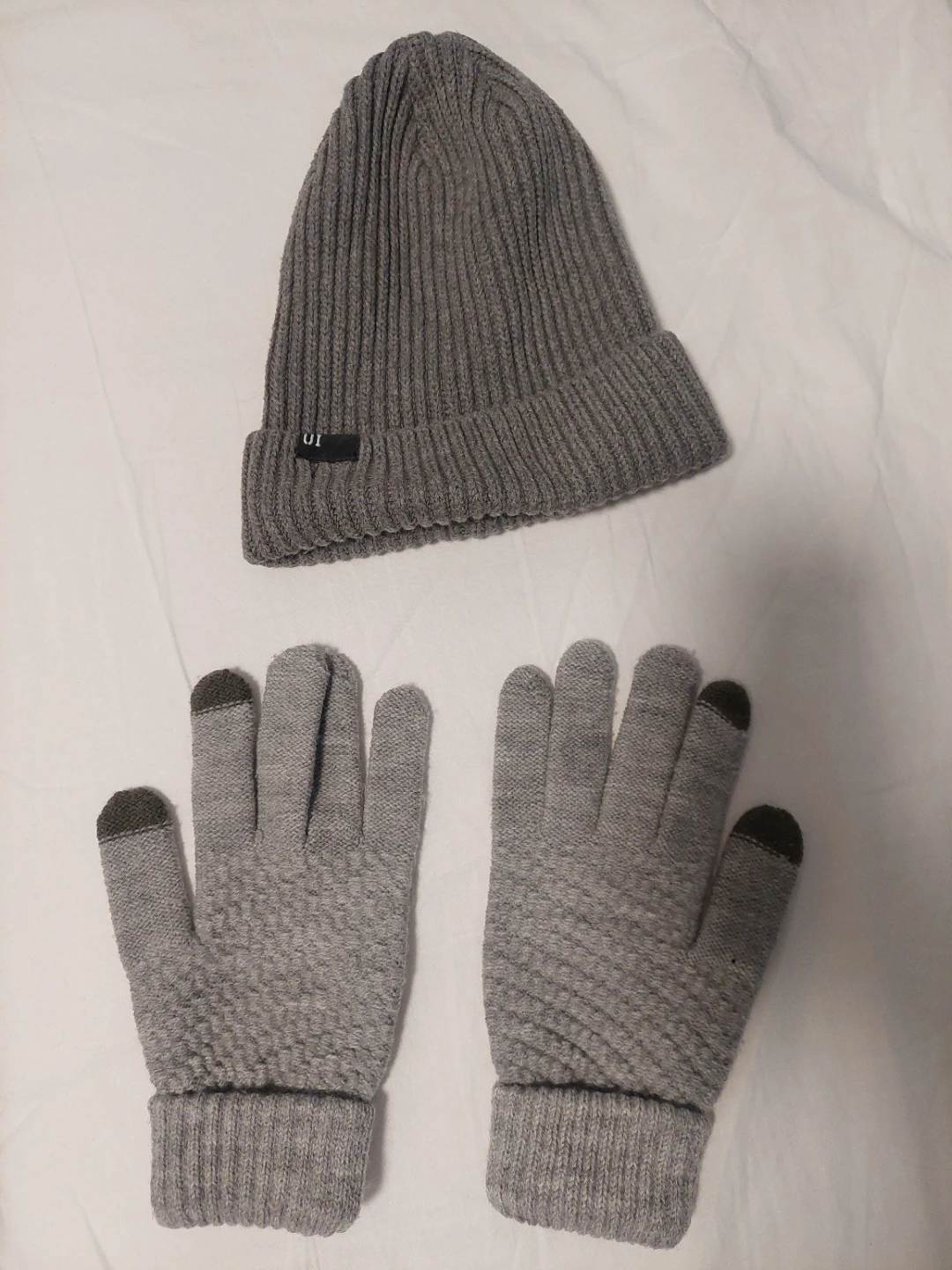 Grey Knit Beanie and Gloves Set