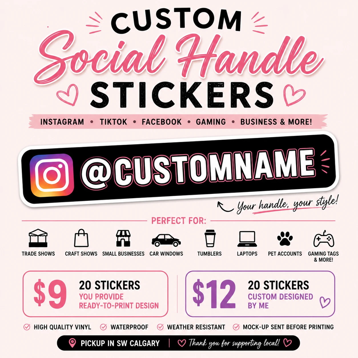 Custom Social Handle Stickers (20 Pack)