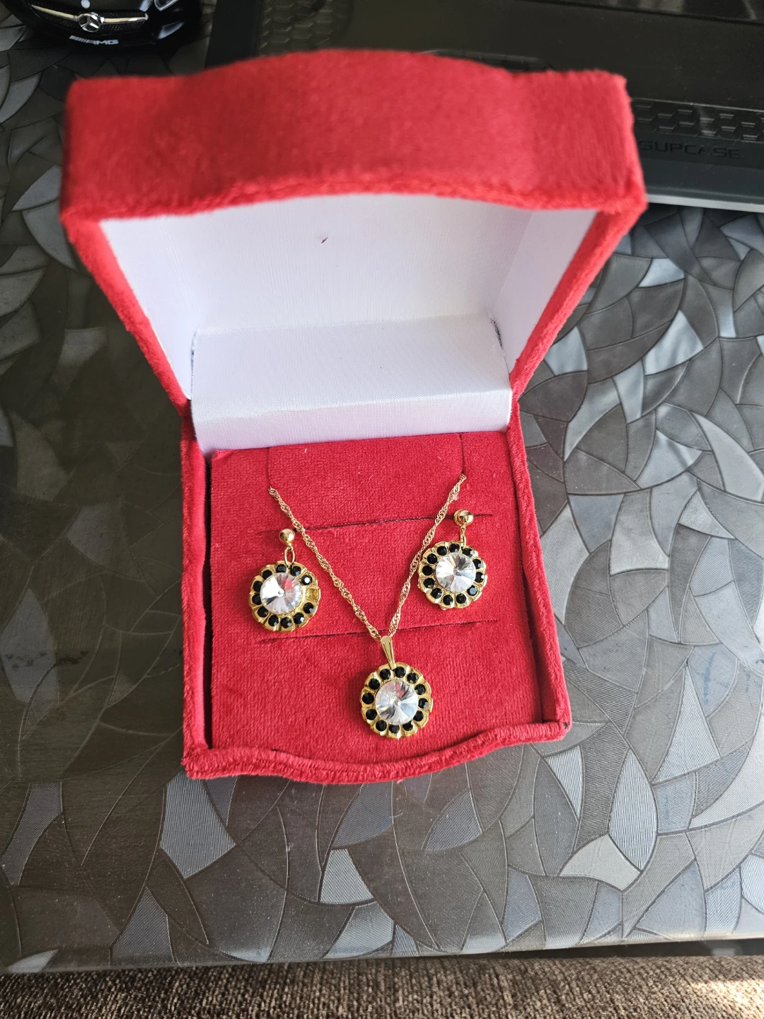 Authentic Asfour Crystal Gold-Plated Pendant and Earrings Se
