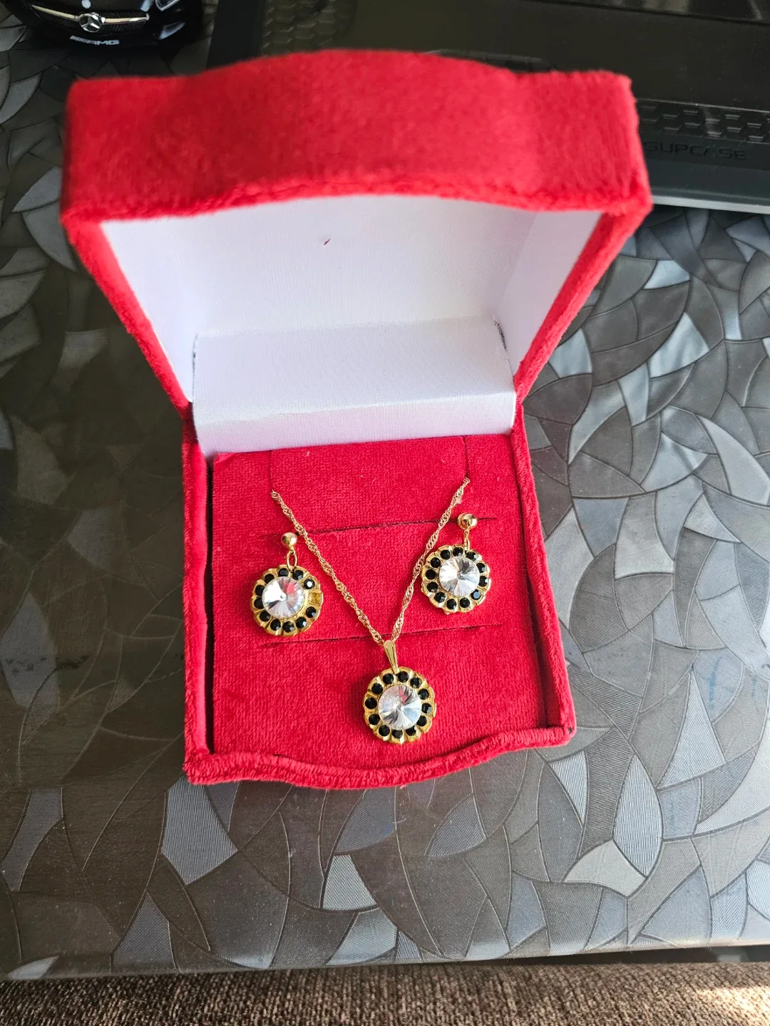 Authentic Asfour Crystal Gold-Plated Pendant and Earrings Se