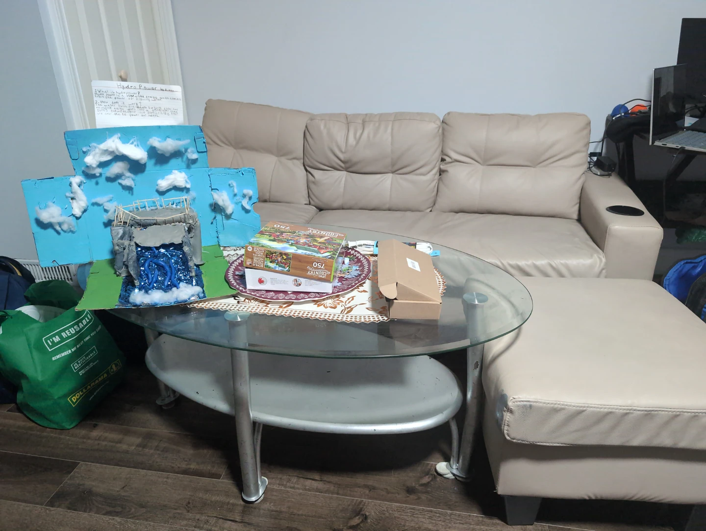 Living Room Set – Couch + Glass Coffee Table + Ottoman/Footrest