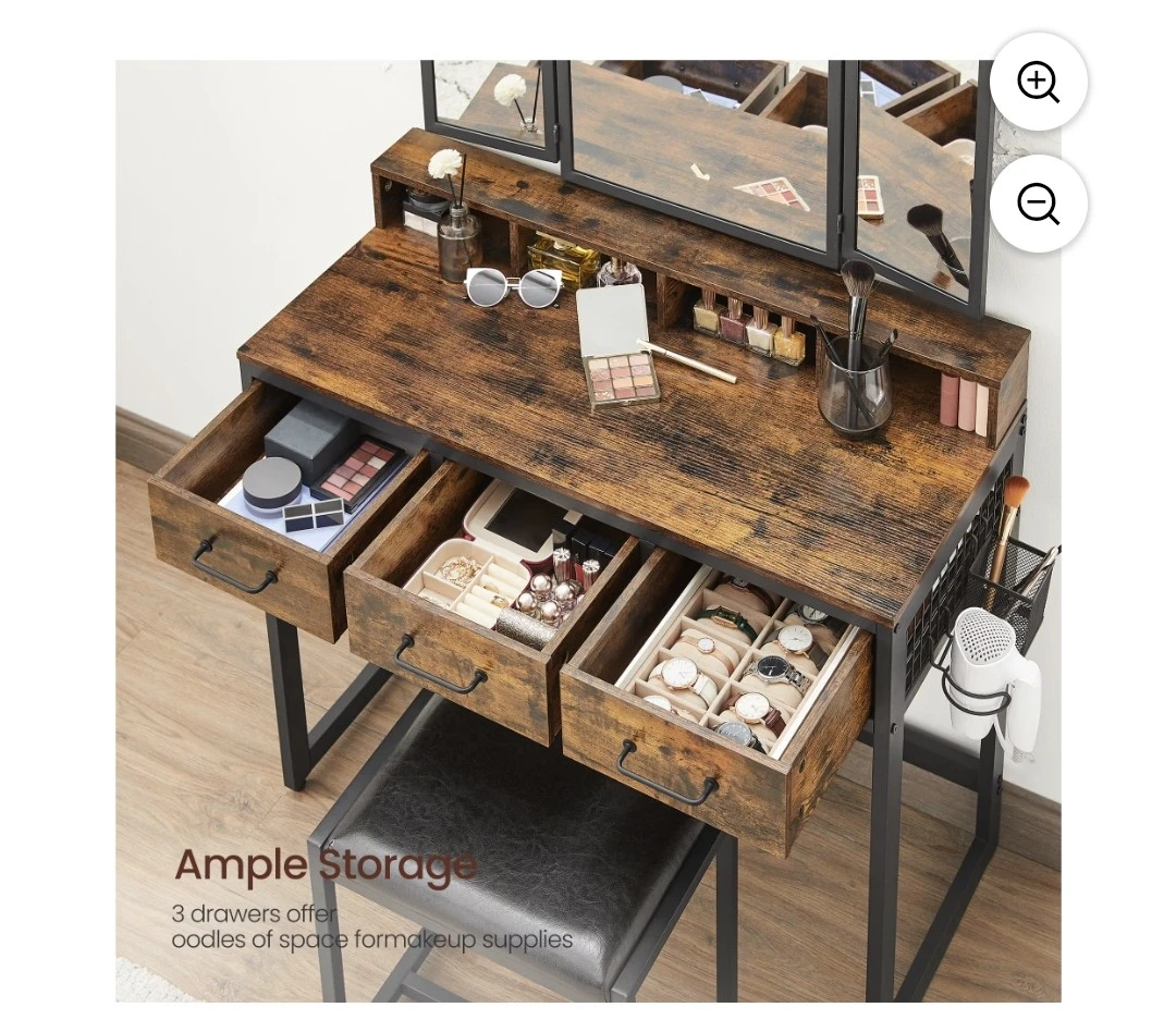 Vanity Desk with Tri-fold Mirror and Stool