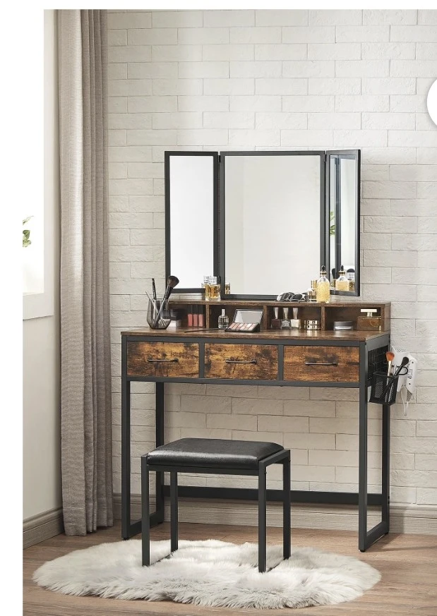 Vanity Desk with Tri-fold Mirror and Stool - photo 2