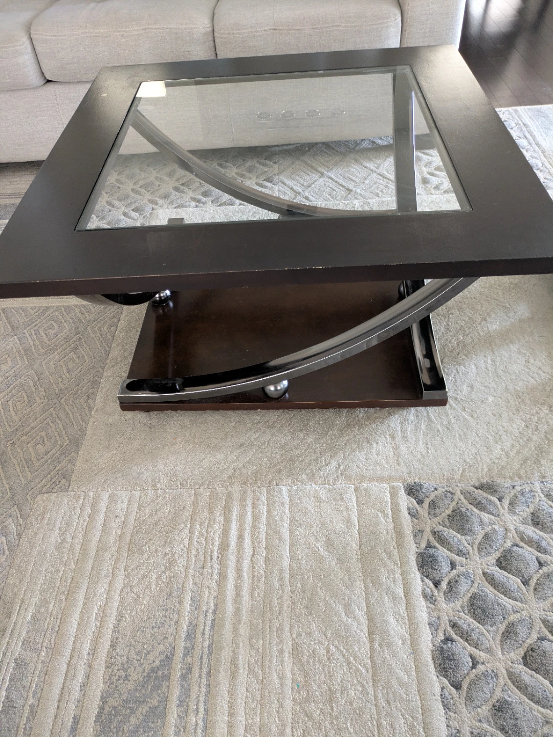 Dark Wood side table and Glass Coffee center Table with wheels