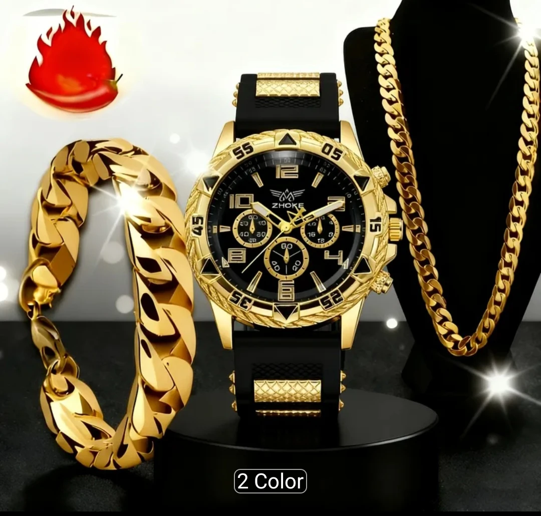 ZHOKE Gold Tone Chronograph Watch with Black Band
