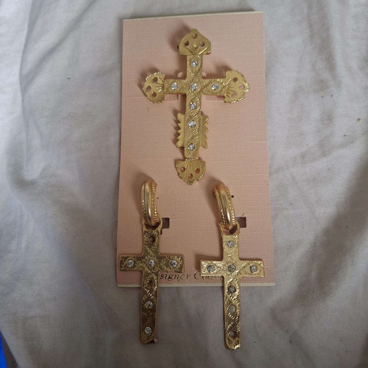 Gold toned Cross brooch and Earring Set