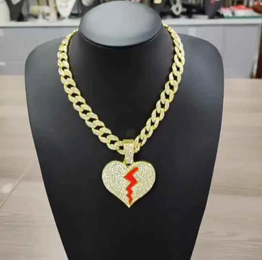 Gold Tone Broken Heart Pendant Necklace with Rhinestones
