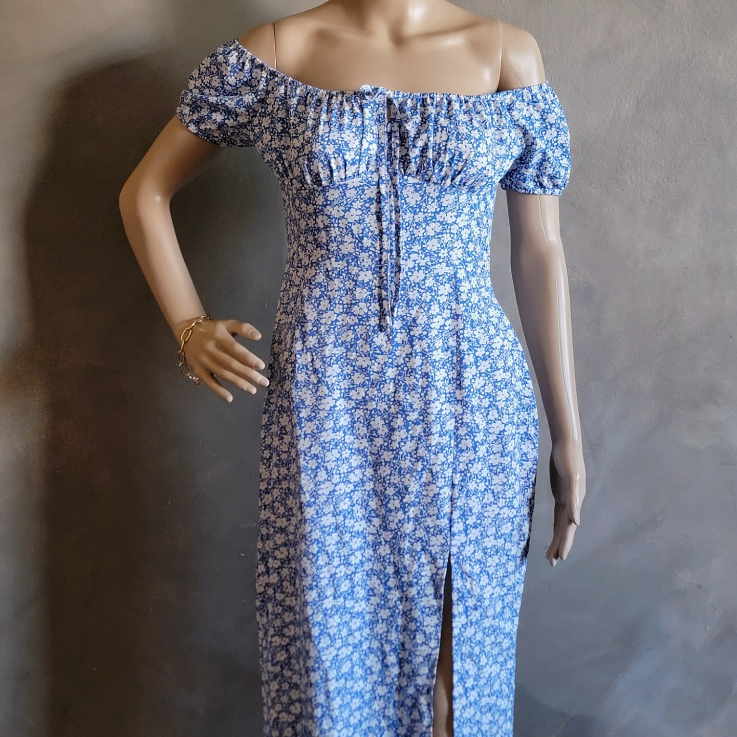 Blue Floral Off-the-Shoulder Midi Dress