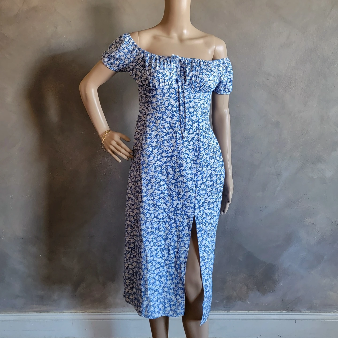 Blue Floral Off-the-Shoulder Midi Dress - photo 3