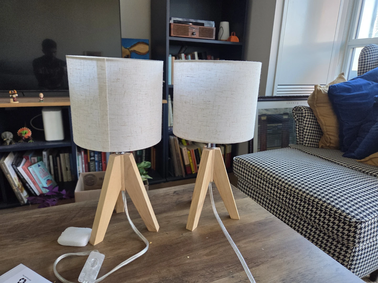 Set of 2 Wooden Tripod Table Lamps with Fabric Shades