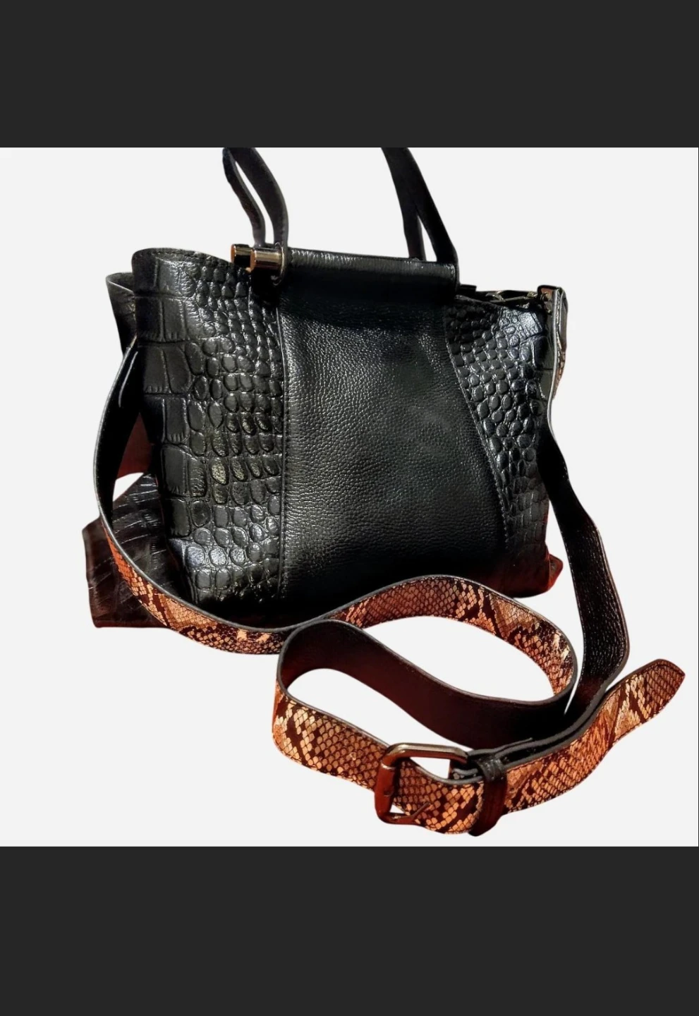 Faux Snakeskin Black Tote Handbag With Crossbody Snakeskin Strap