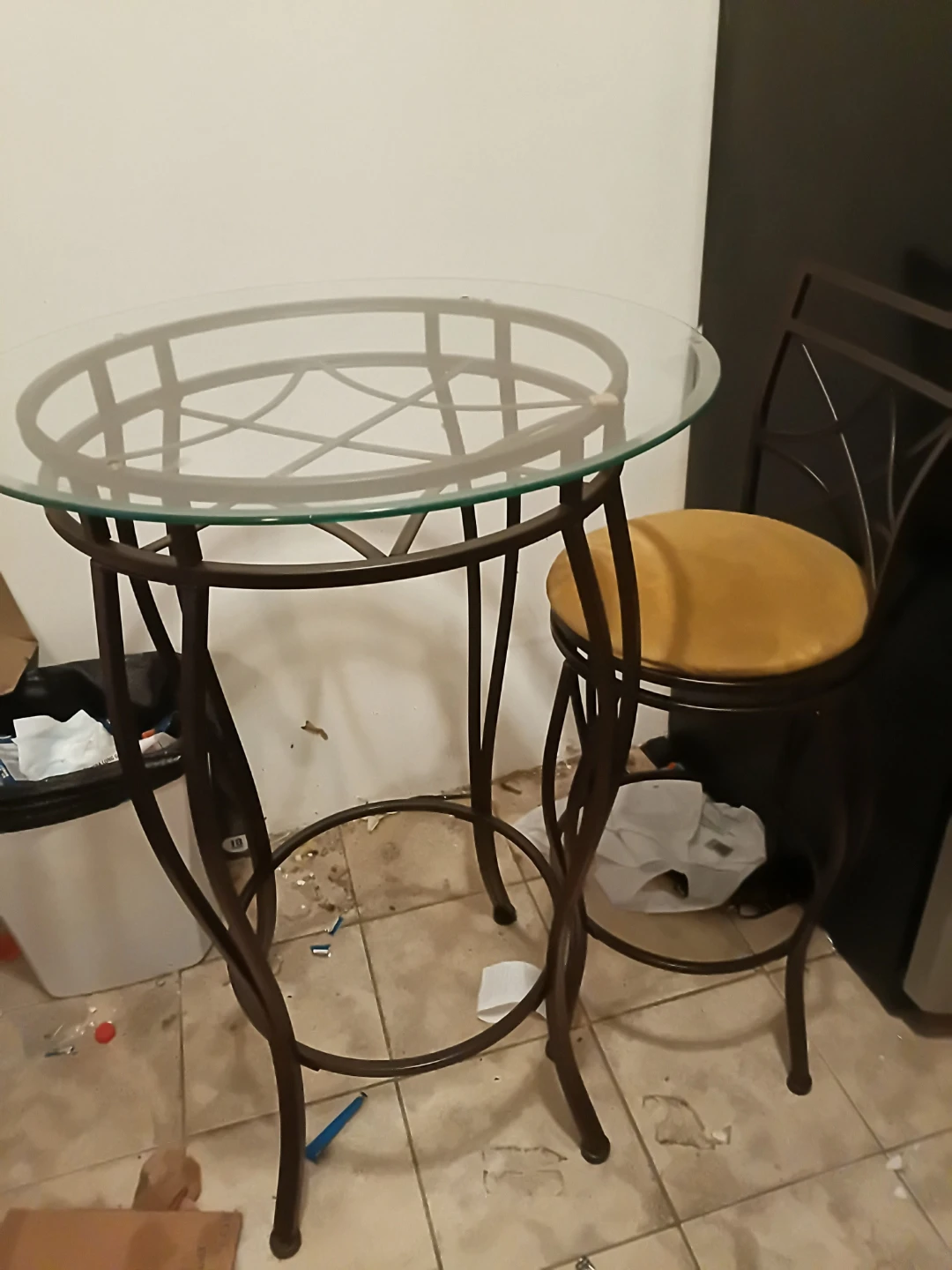 Round Glass Top Bistro Table with 2 Swivel Bar Stools