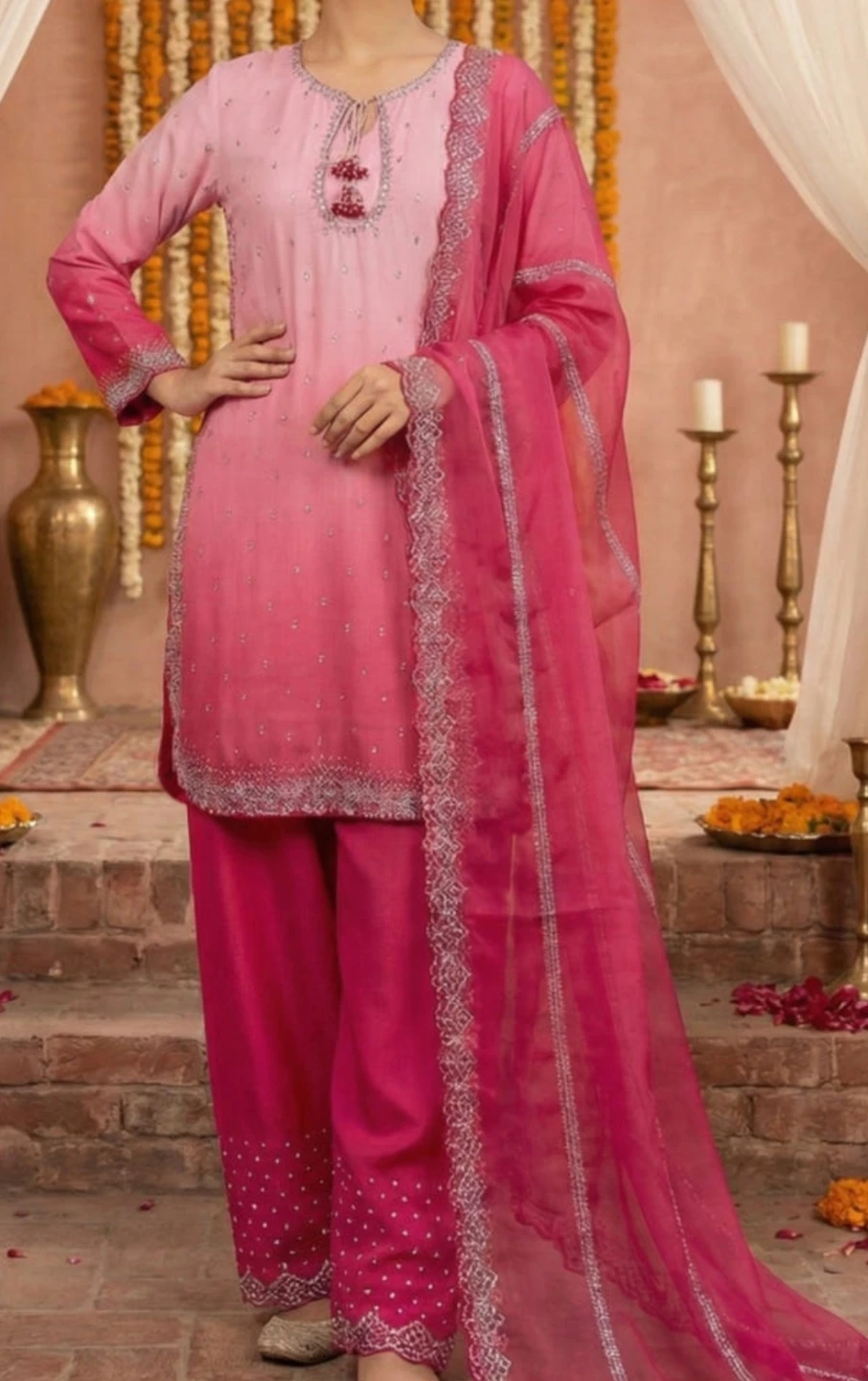 Women's Pink Ombre Kurti with Pants and Dupatta - photo 2