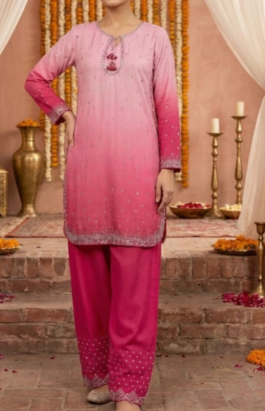 Women's Pink Ombre Kurti with Pants and Dupatta - photo 3