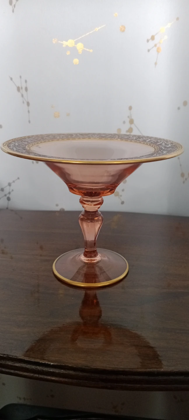 Pink Glass Pedestal Cake Stand with Gold Rim