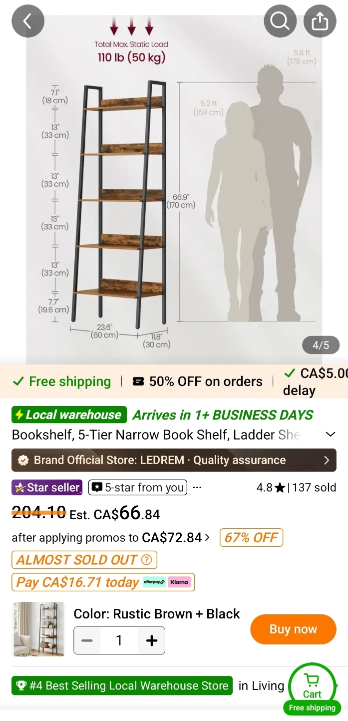 5-Tier Narrow Wooden and Metal Bookshelf - photo 2
