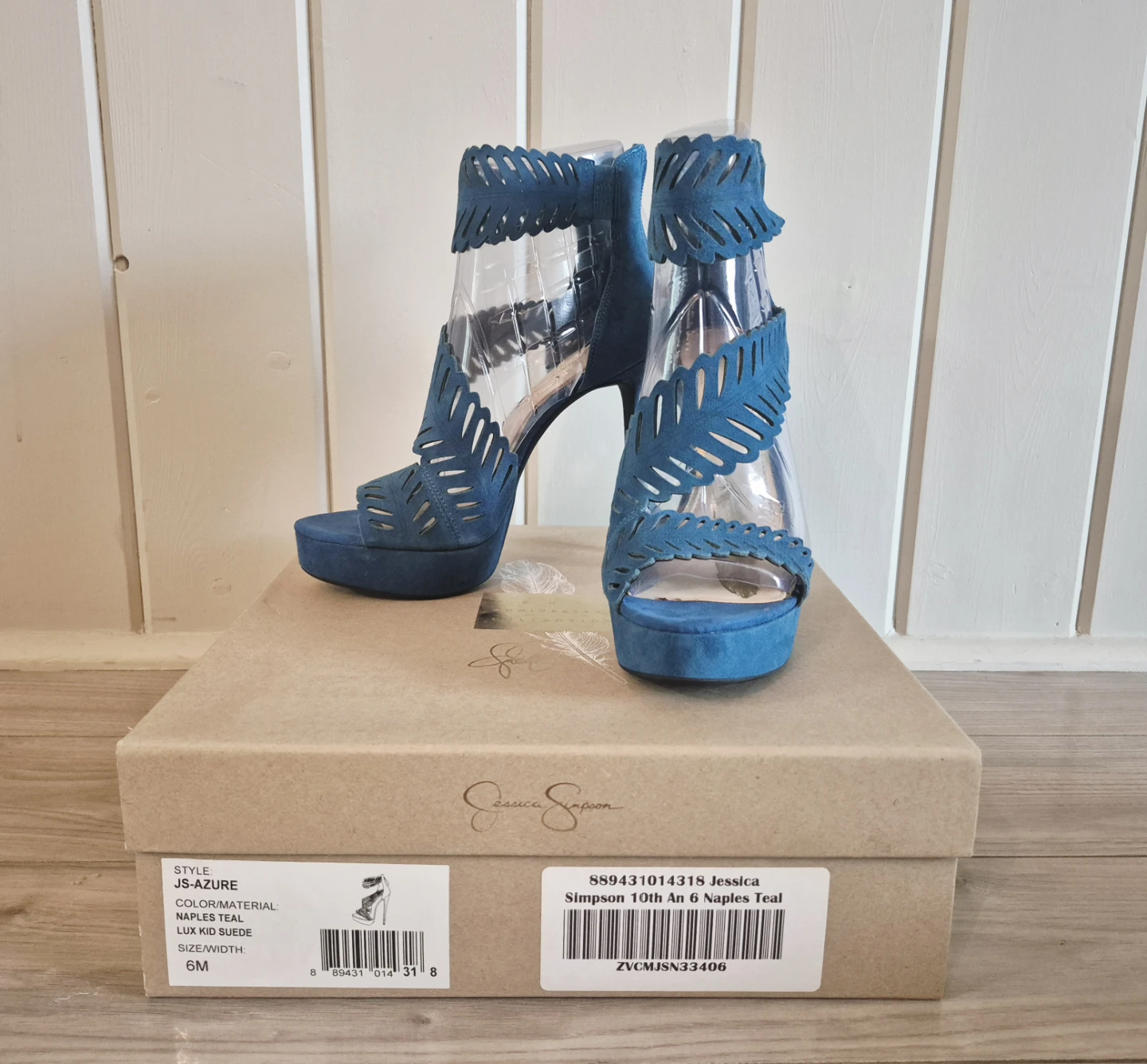 Jessica Simpson, Teal Suede Open Toe Heels, Size 6 - photo 2