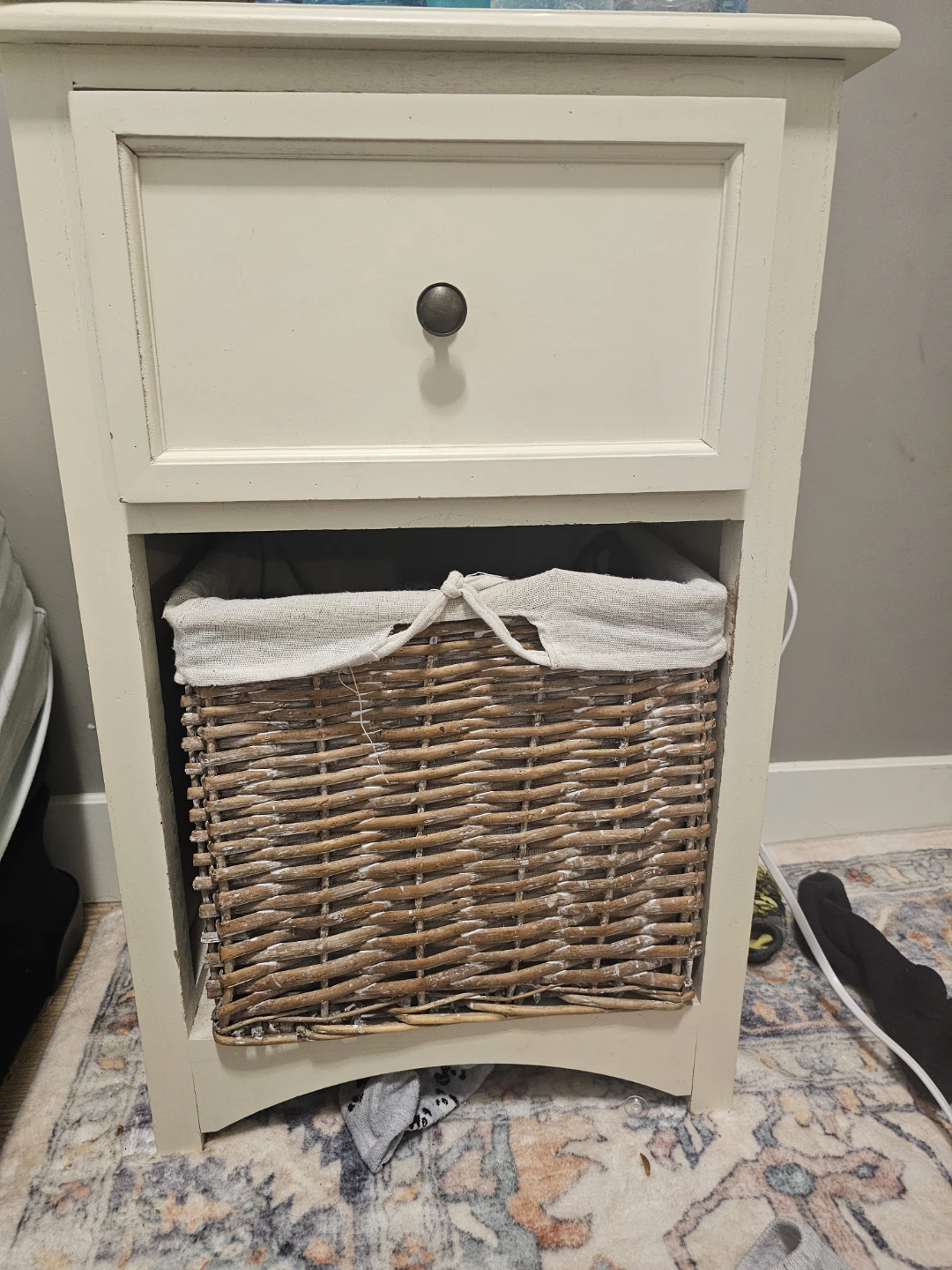 Cream Nightstand with Wicker Basket