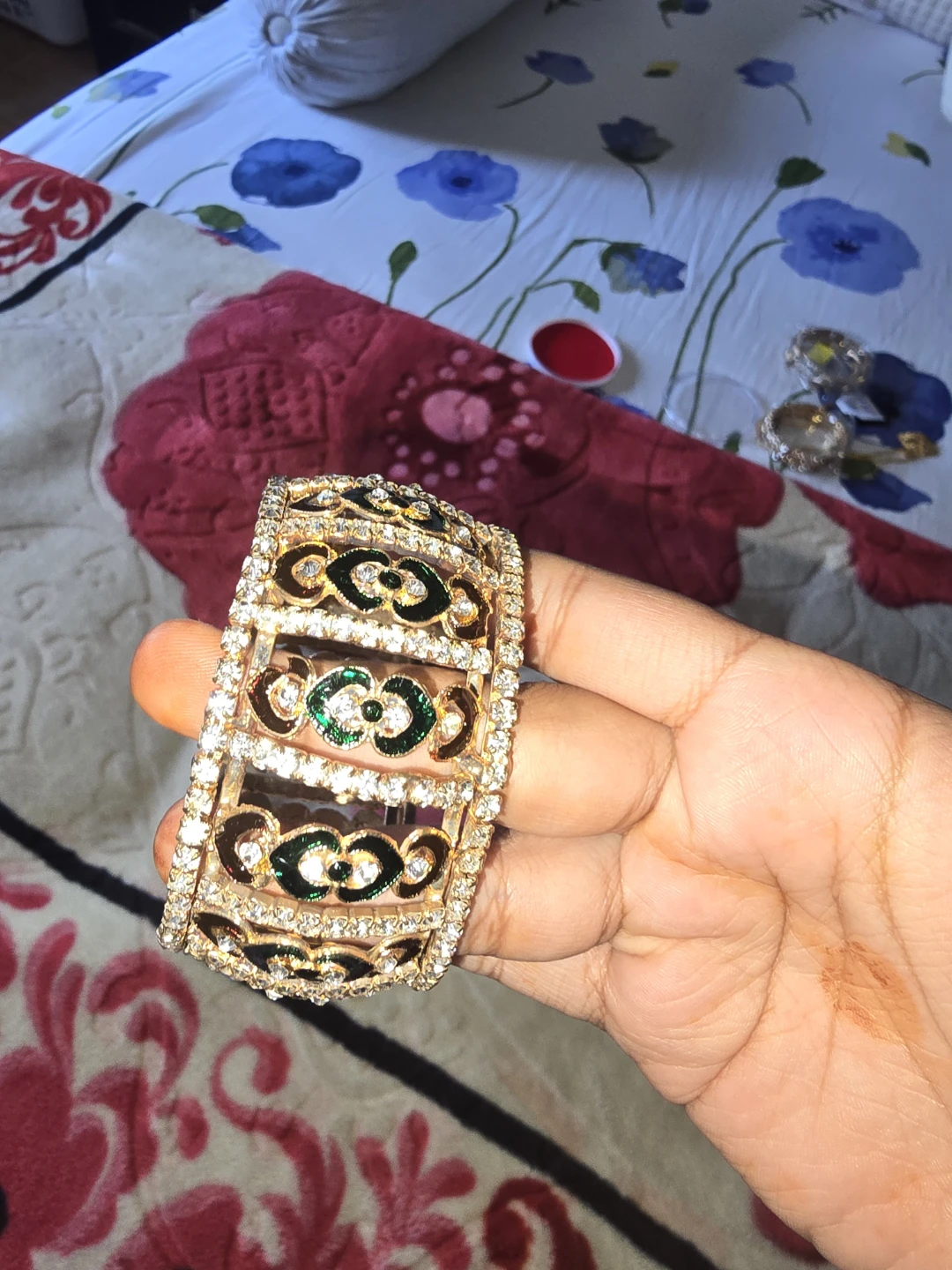 Desi green and red gold stone thick bangle