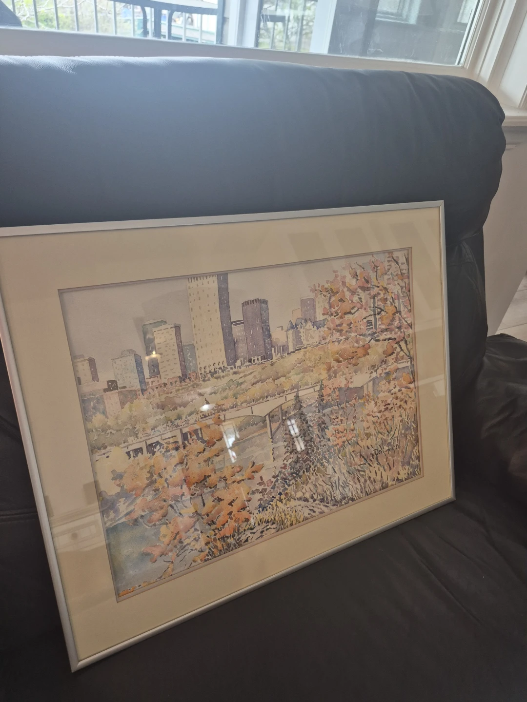 Framed Watercolor Edmonton Cityscape Painting 23w x18.5 h