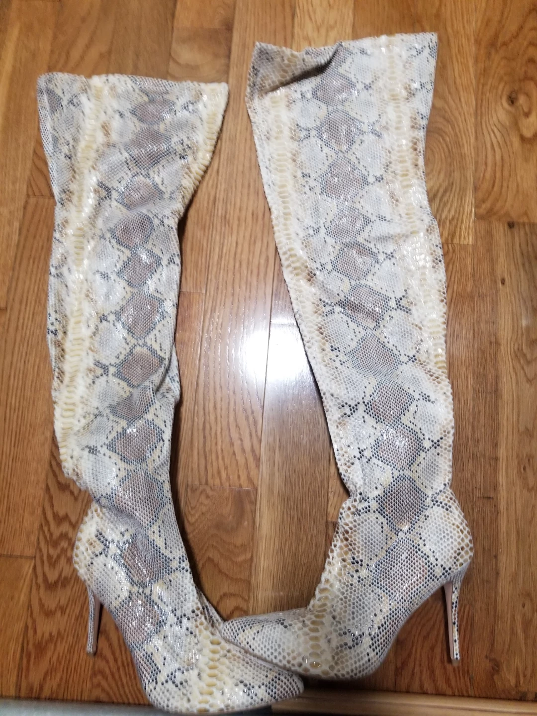 Fashion Nova Beige Snake Print Thigh High Boots Size 11W - photo 3