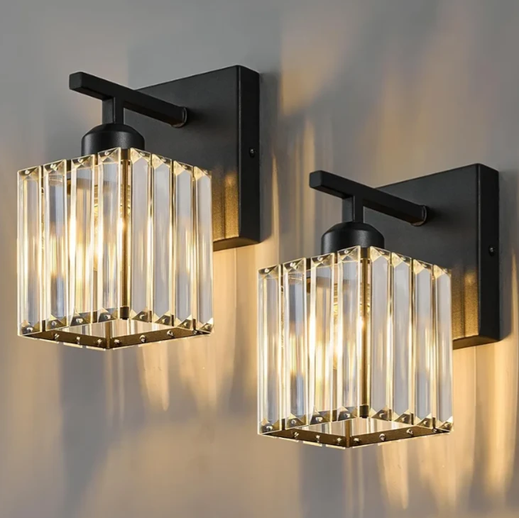 Set of 2 Crystal Wall Sconces Black Metal Fixture