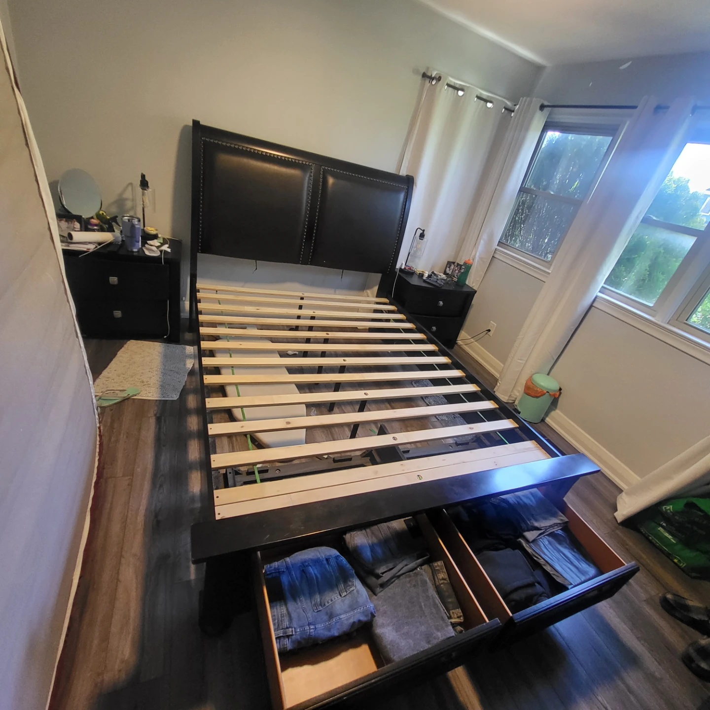 Black Faux Leather Queen Bed Frame with Storage Drawers