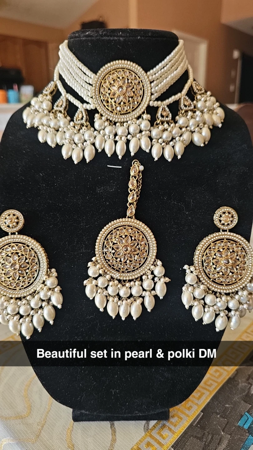 Pearl and Polki Choker Set with Earrings and Tikka - photo 3