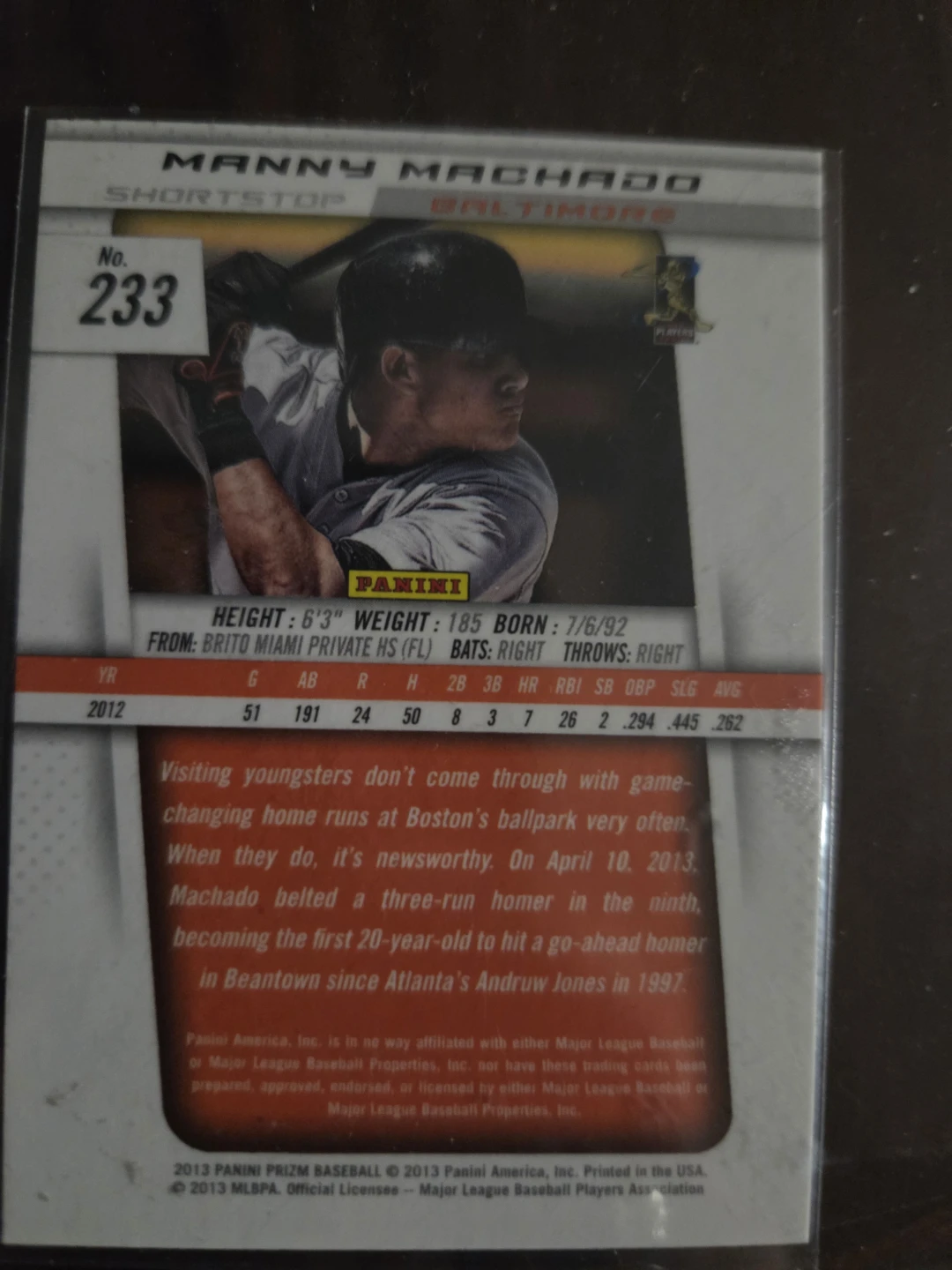 2013 Panini Prizm Manny Machado Rookie RC Baseball Card #233 - photo 2