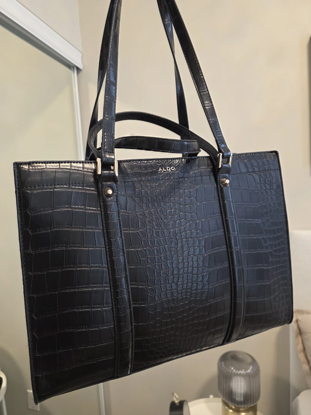 ALDO Black Croc-Embossed Tote Bag