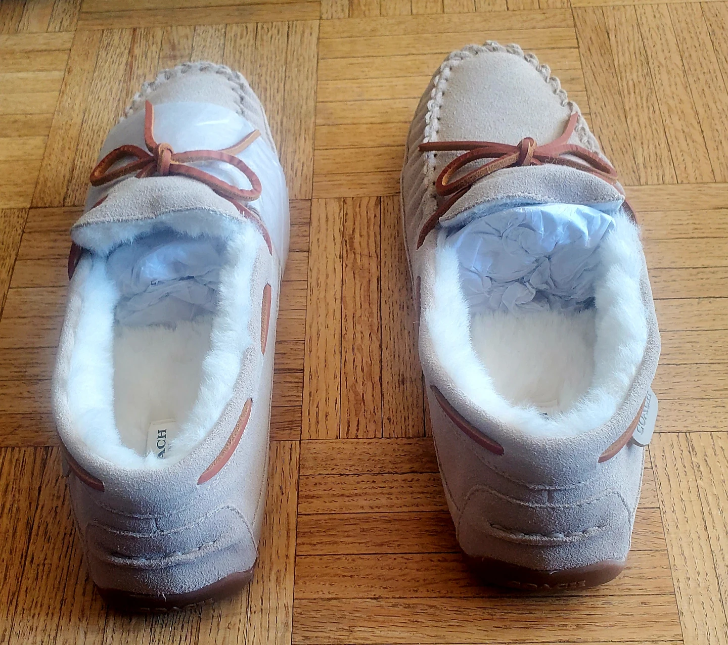 Coach Suede Shearling Moccasin Slippers - Beige - photo 2