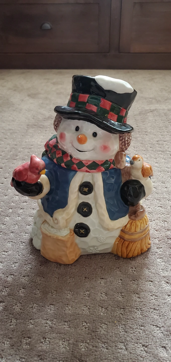 Ceramic Snowman Cookie Jar with Cardinal and Broom