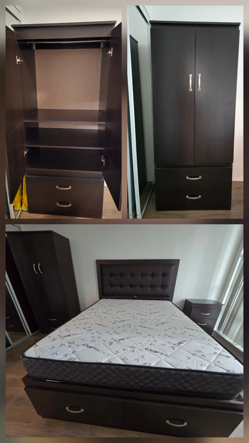 Hardwood Queen Bed, Dual Mattress, Wardrobe - Free Delivery