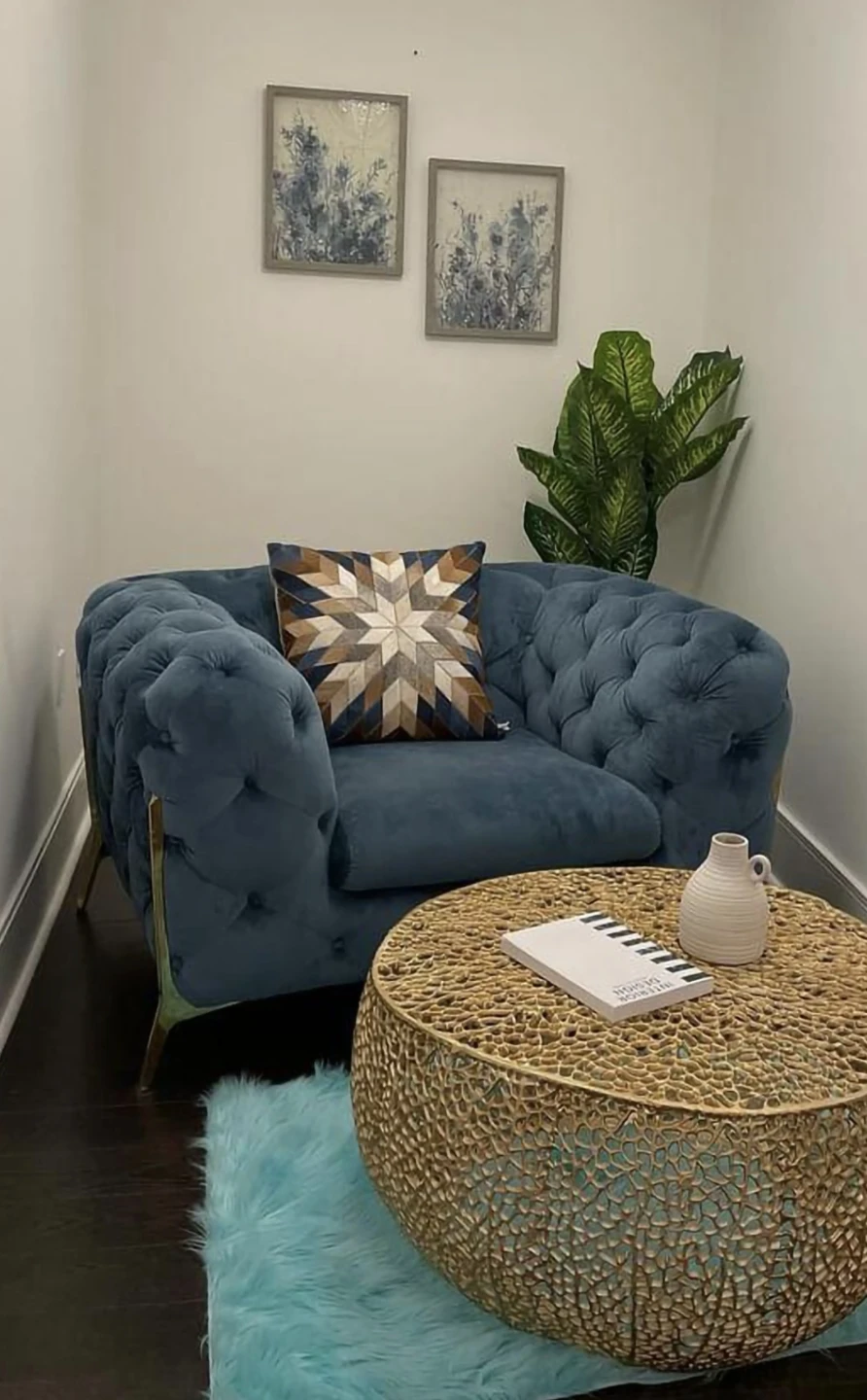 Blue Velvet Tufted Armchair with Gold Legs