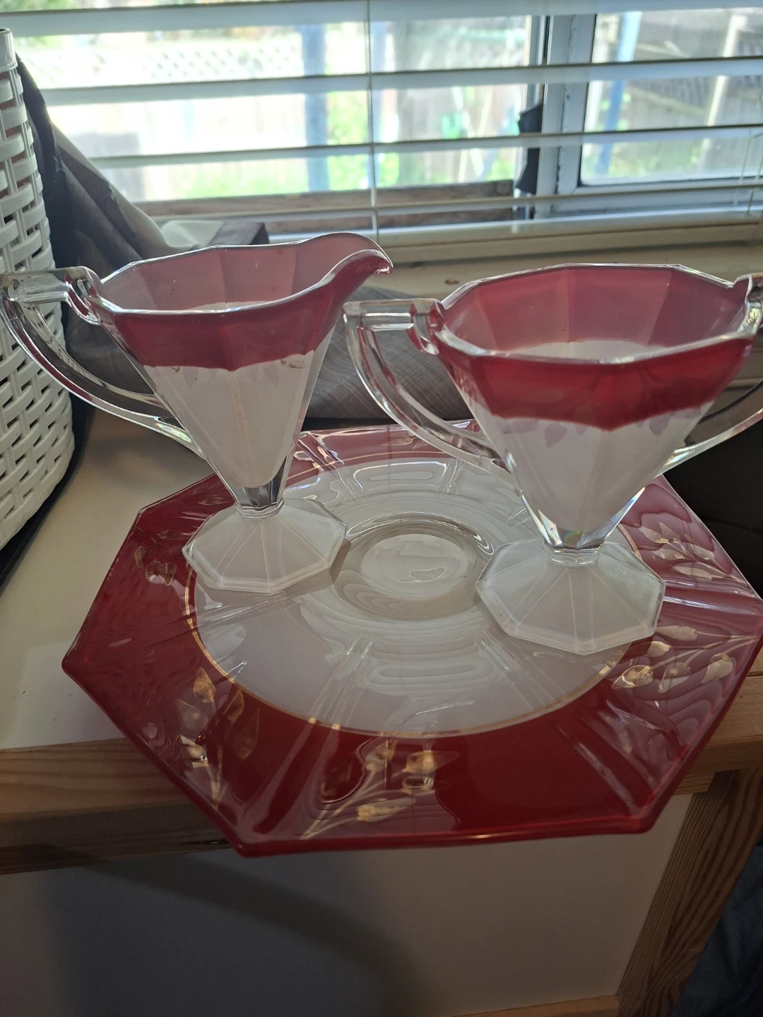 Vintage Glass Creamer and Sugar Set with Tray