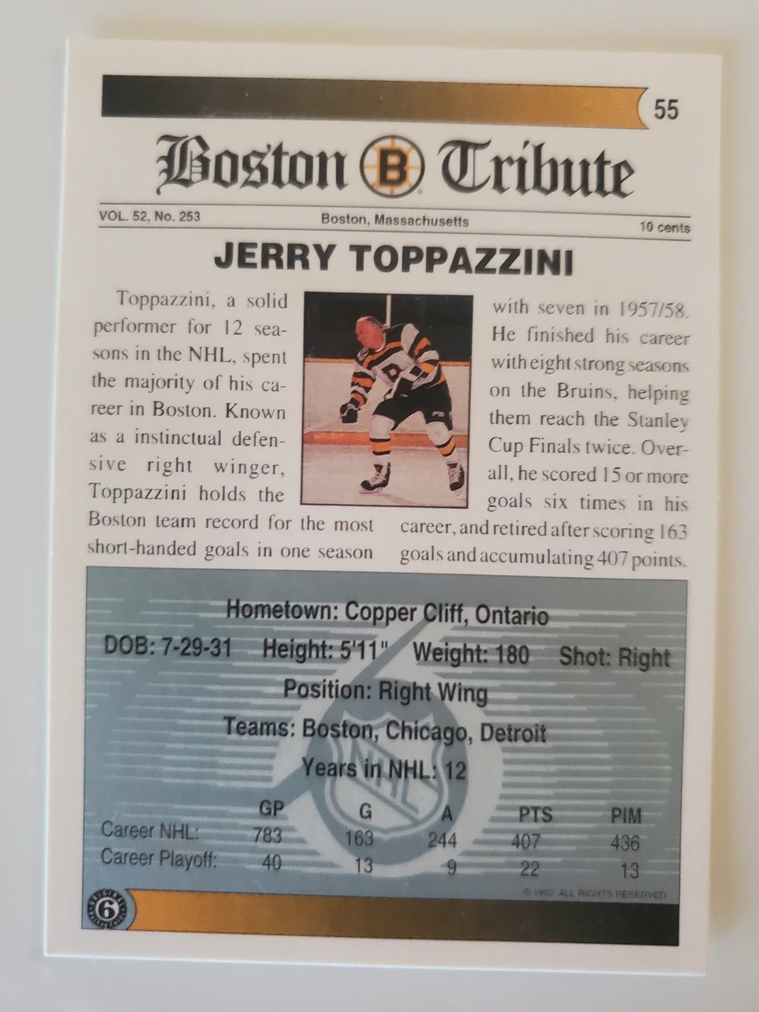 Boston Tribute Jerry Toppazzini Hockey Card - photo 2