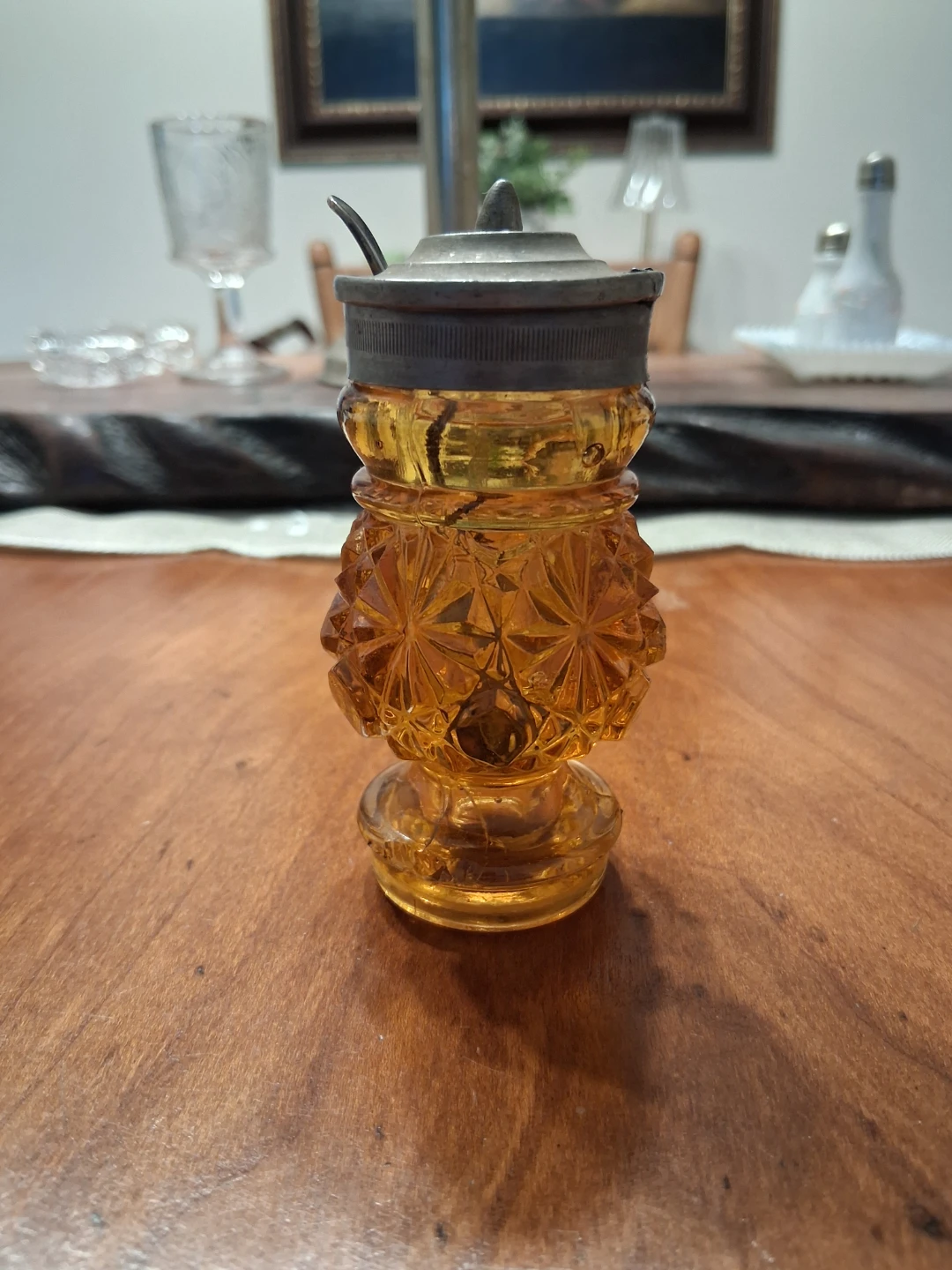 1885 Victorian "mustard pot" amber glass